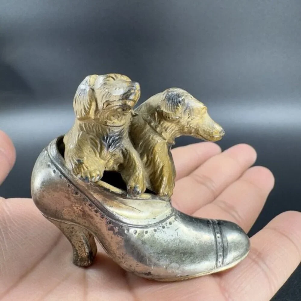 Antique Heavy Metal Shoe Sandal With Dogs Figurine Made In‎ Japan Vintage Decor